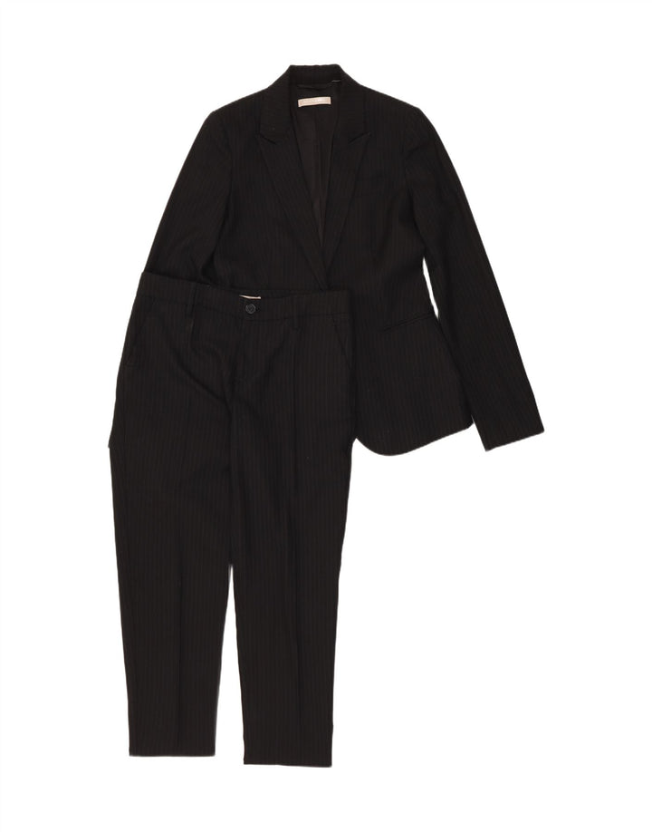 Stefanel feminino 1 botão 2 peças terno IT 40 pequeno W28 L28 risca de giz preta