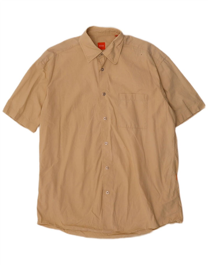 Camisa masculina de manga curta Hugo Boss algodão bege médio