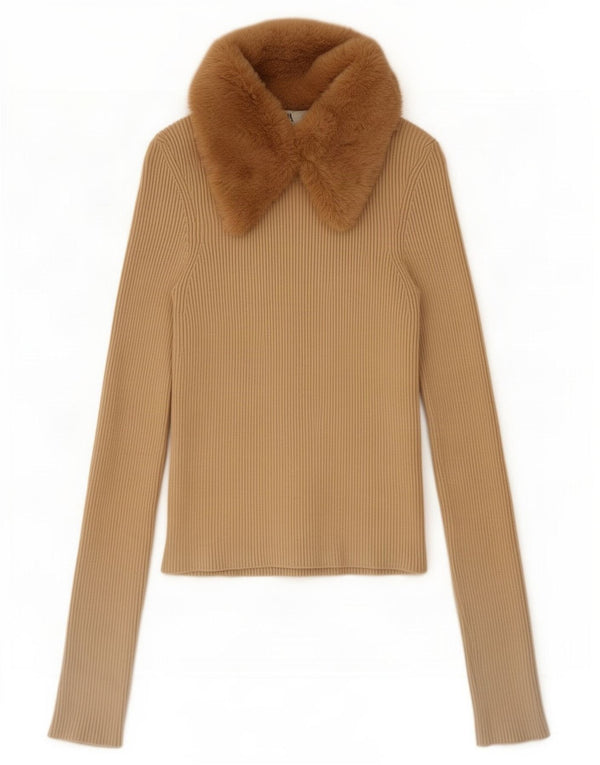 Zara Womens Crop Long Sleeve Polo Shirt UK 8 Small Beige Colourblock