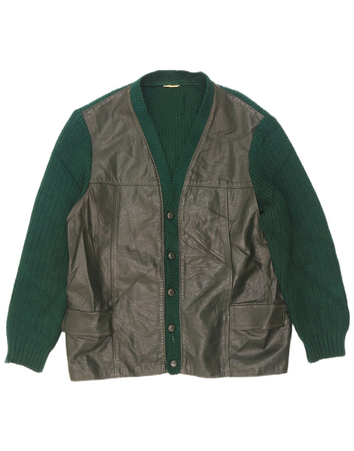 Suéter cardigã de couro masculino vintage UE 50 verde médio