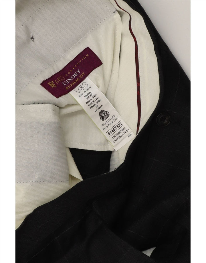 Calça masculina de ajuste regular MARKS & SPENCER W34 L31 cinza xadrez lã