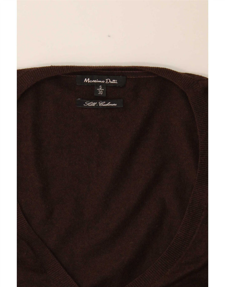 Suéter feminino Massimo Dutti com decote em V Reino Unido 10 pequeno seda marrom