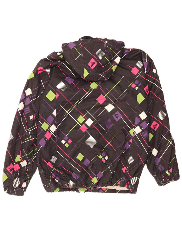 Jaqueta corta-vento feminina Quiksilver com capuz UK 14 médio preto geométrico