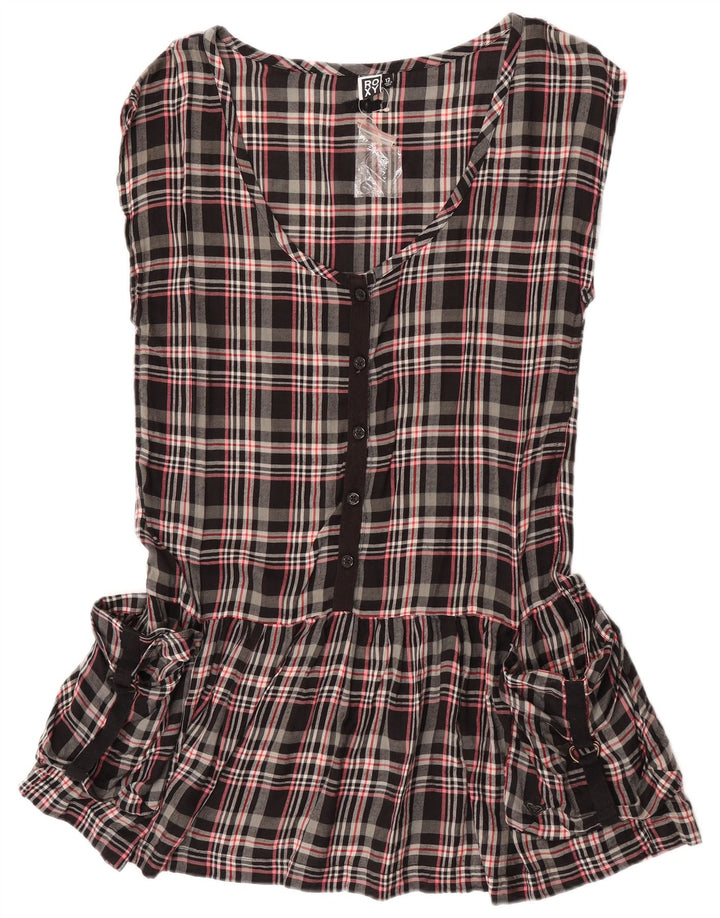 Vestido túnica feminino Roxy sem mangas Reino Unido 12 algodão xadrez preto médio