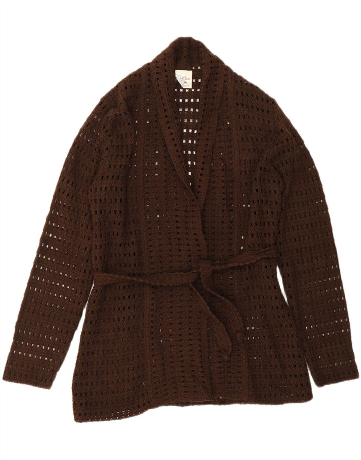 Suéter cardigã feminino de crochê VINTAGE Reino Unido 14 grande acrílico marrom