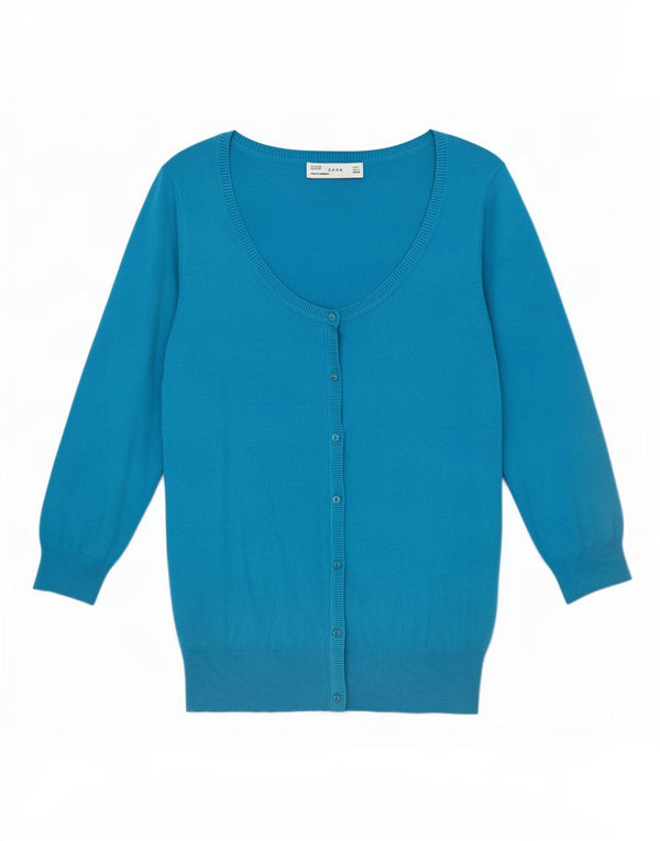 Suéter cardigã feminino Zara manga 3/4 Reino Unido 14 grande algodão azul