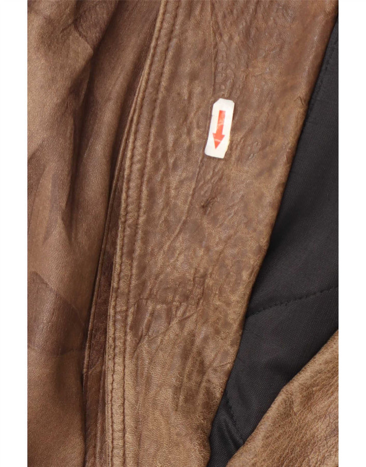 Jaqueta de couro vintage feminina com peito duplo UE 42 grandes retalhos marrons