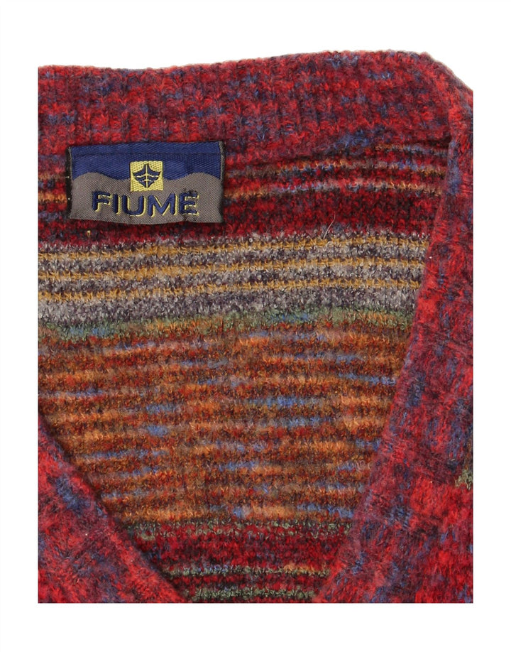 FIUME Mens V-Neck Jumper Sweater IT 50 Medium Red Geometric Vintage Fiume and Second-Hand Fiume from Messina Hembry 