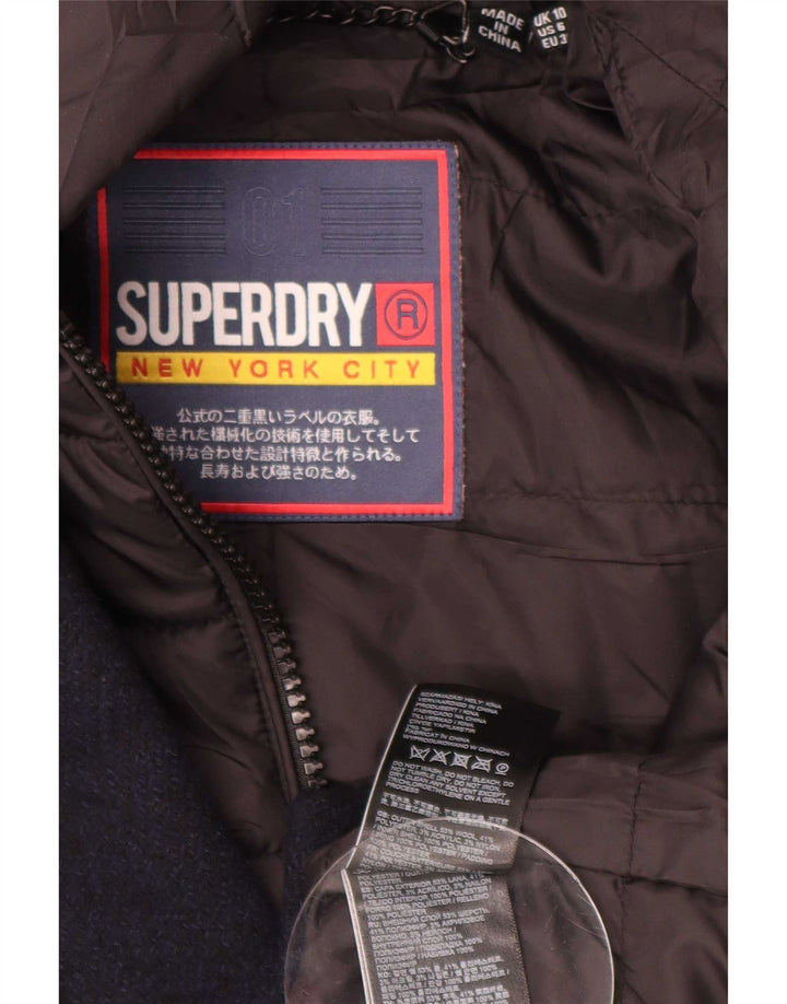 Sobretudo feminino Superdry com capuz UK 10 pequeno lã azul marinho