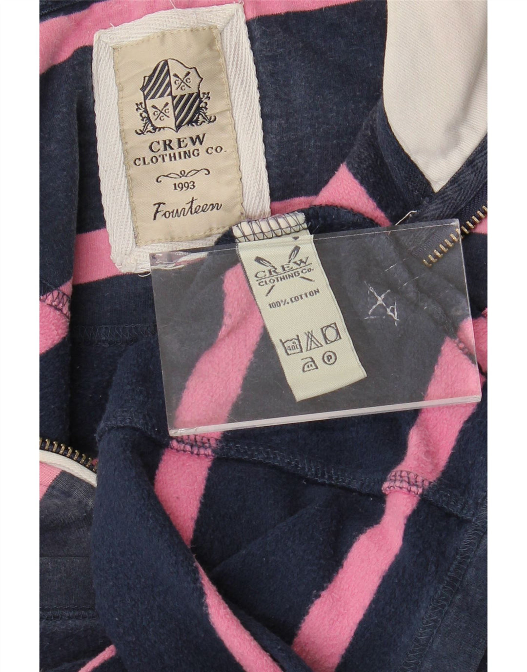 CREW CLOTHING Suéter feminino com capuz Reino Unido 14 grande listrado azul marinho