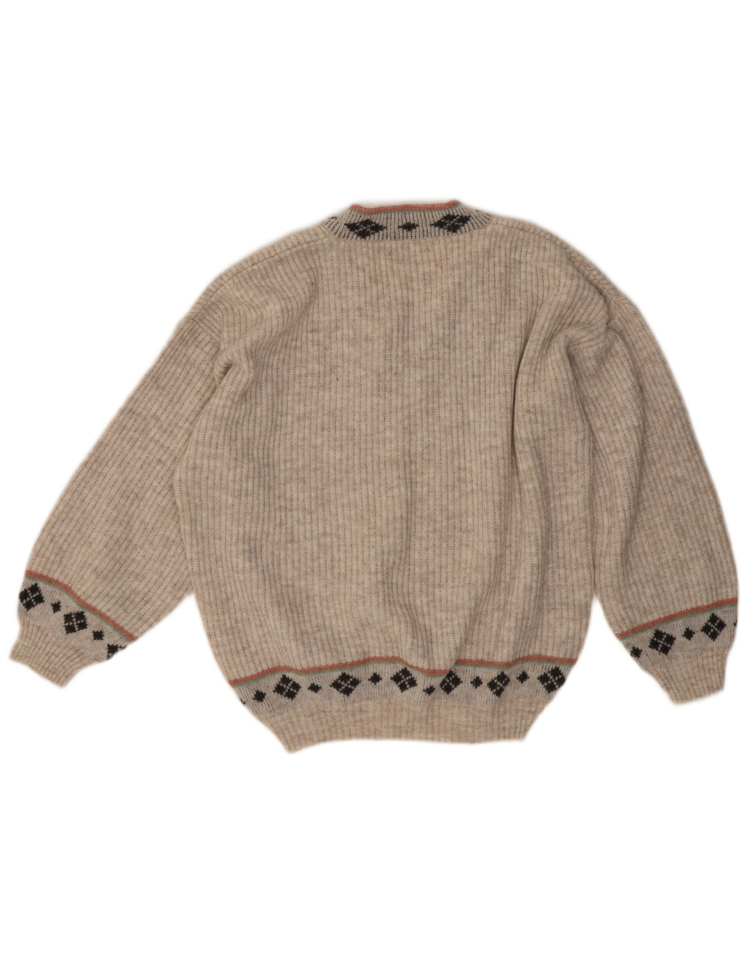 Suéter masculino vintage com decote em V médio bege geométrico