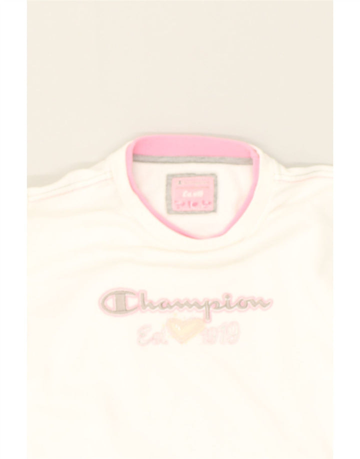 CHAMPION Girls Graphic Sweatshirt Jumper 11-12 Years Large  White Cotton | Vintage Champion | Thrift | Second-Hand Champion | Used Clothing | Messina Hembry 