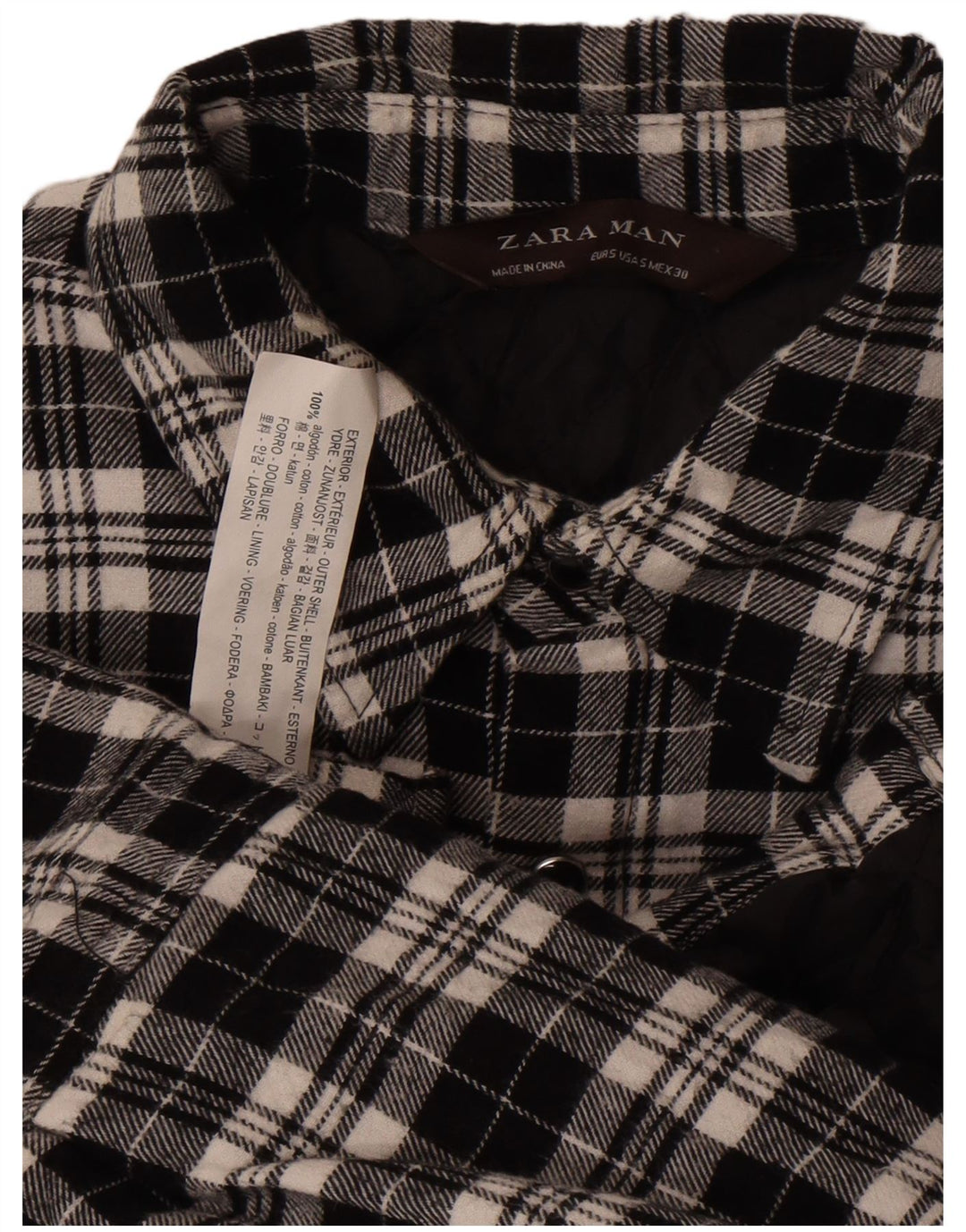 Camisa masculina de flanela Lumberjack da Zara, pequena, preta, xadrez, algodão