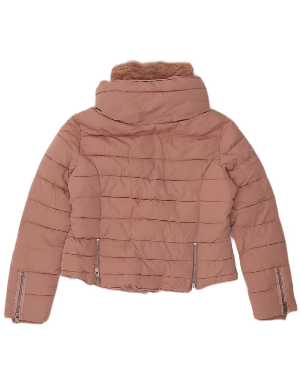 ZARA Jaqueta feminina acolchoada com capuz UK 18 XL rosa poliéster