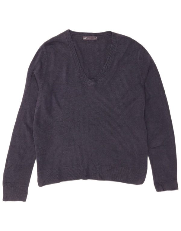 Suéter feminino Marks & Spencer com decote em V Reino Unido 12 médio azul marinho acrílico