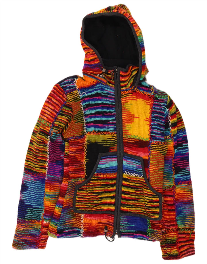 Suéter cardigã feminino VINTAGE com capuz Reino Unido 12 médio listrado multicolorido