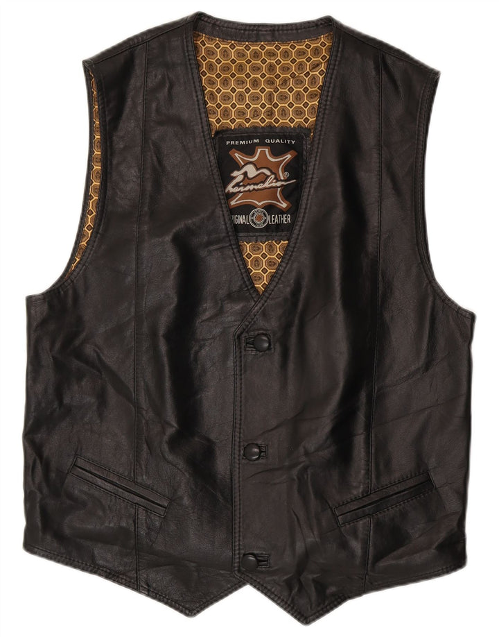 Colete de couro masculino vintage médio couro preto
