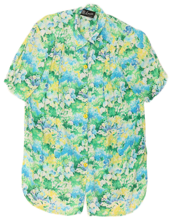 Camisa feminina vintage de manga curta Reino Unido 14 grande viscose floral verde