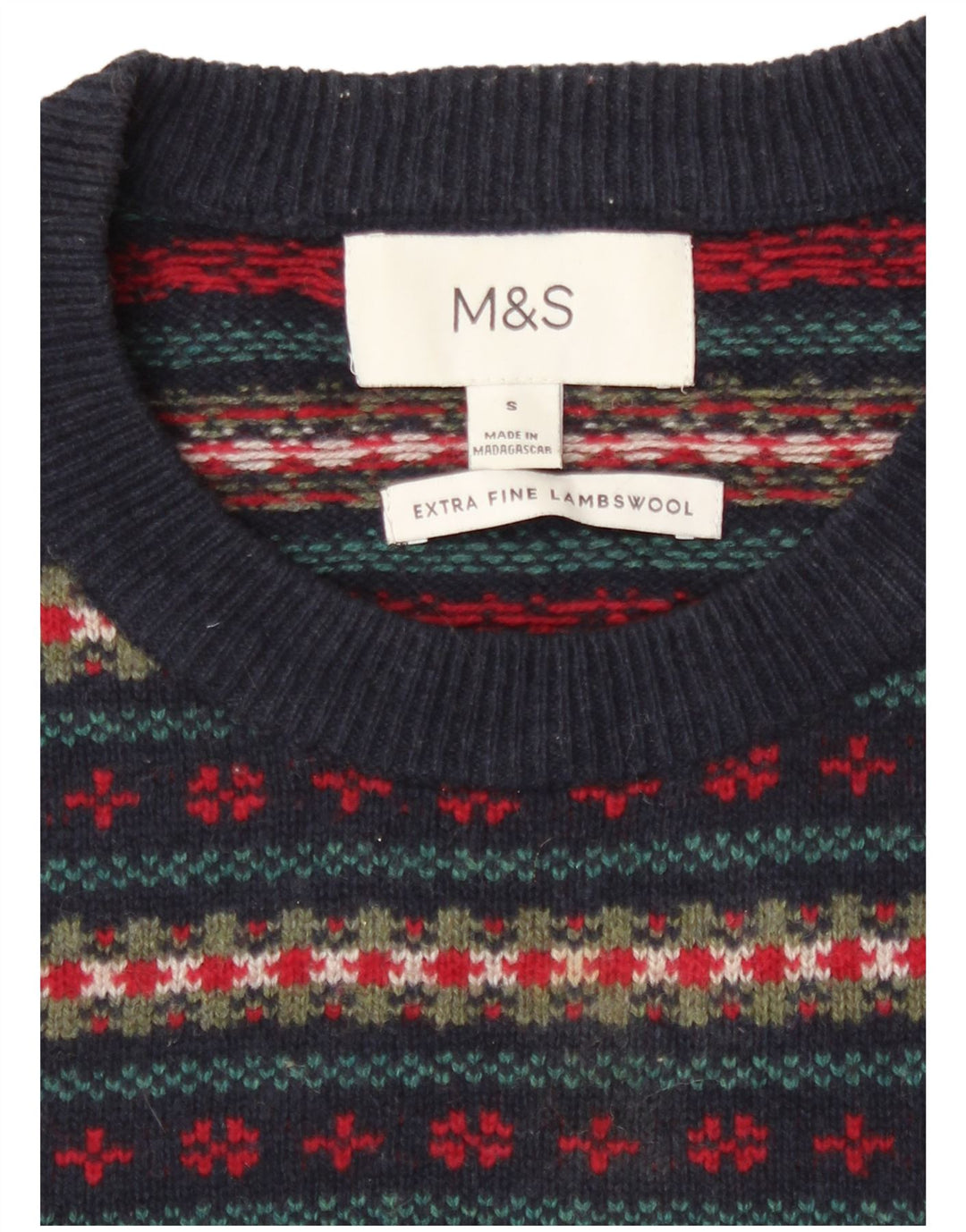 Suéter masculino Marks & Spencer com gola redonda pequeno azul marinho Fair Isle