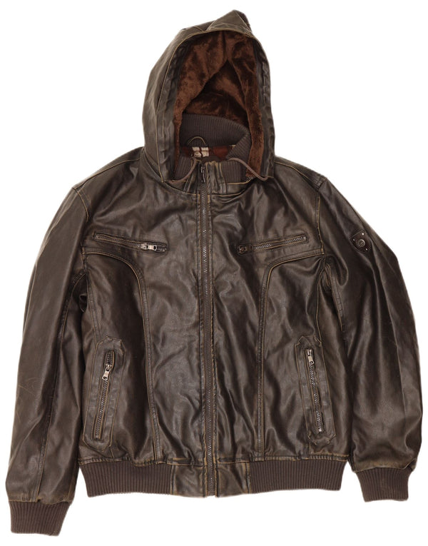 Wampum Jaqueta masculina de couro sintético com capuz UK 44 2XL Polivinil marrom