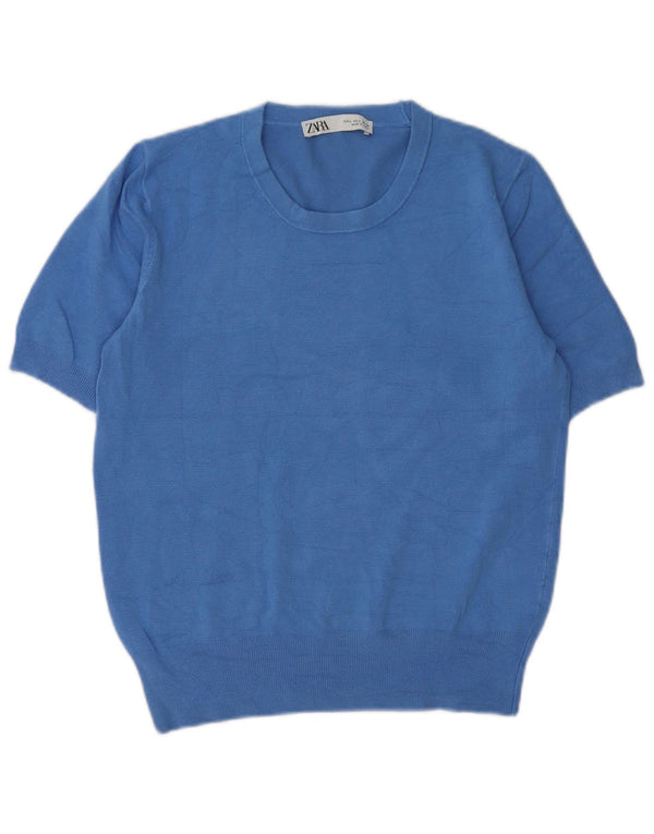 Suéter Zara feminino manga curta com gola redonda Reino Unido 16 grande azul
