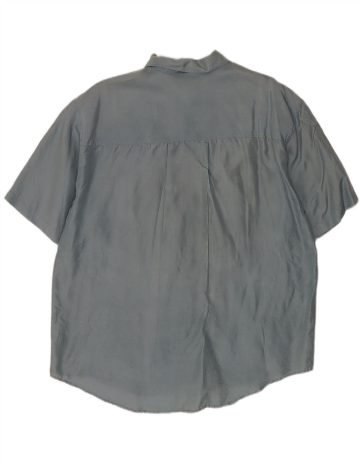 Camisa masculina vintage de manga curta grande seda azul