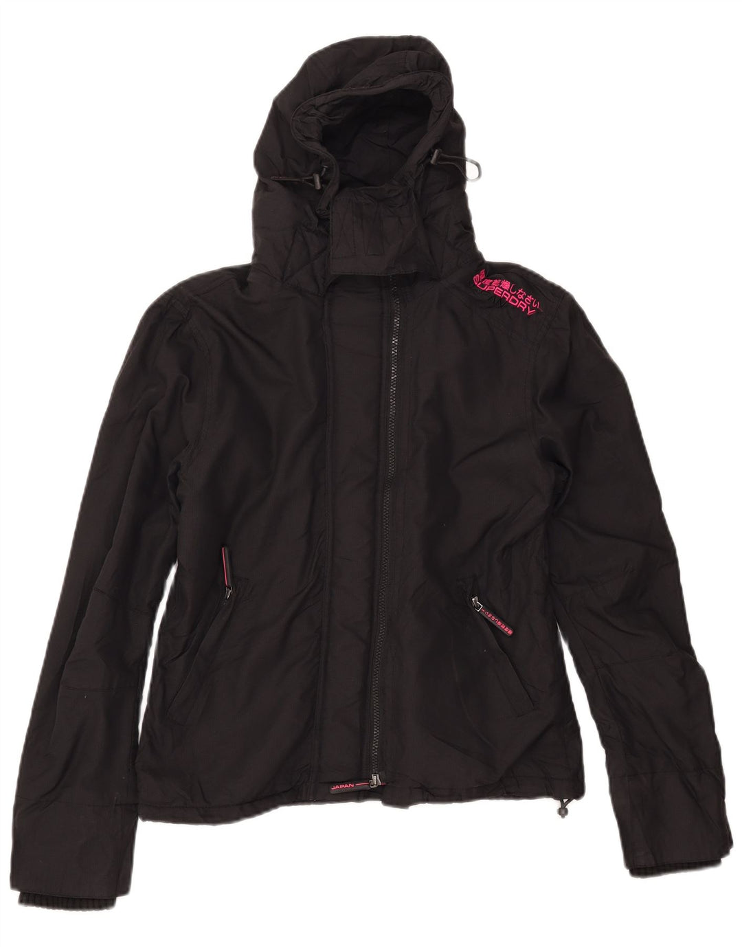 Jaqueta corta-vento feminina Superdry com capuz UK 14 médio preto nylon