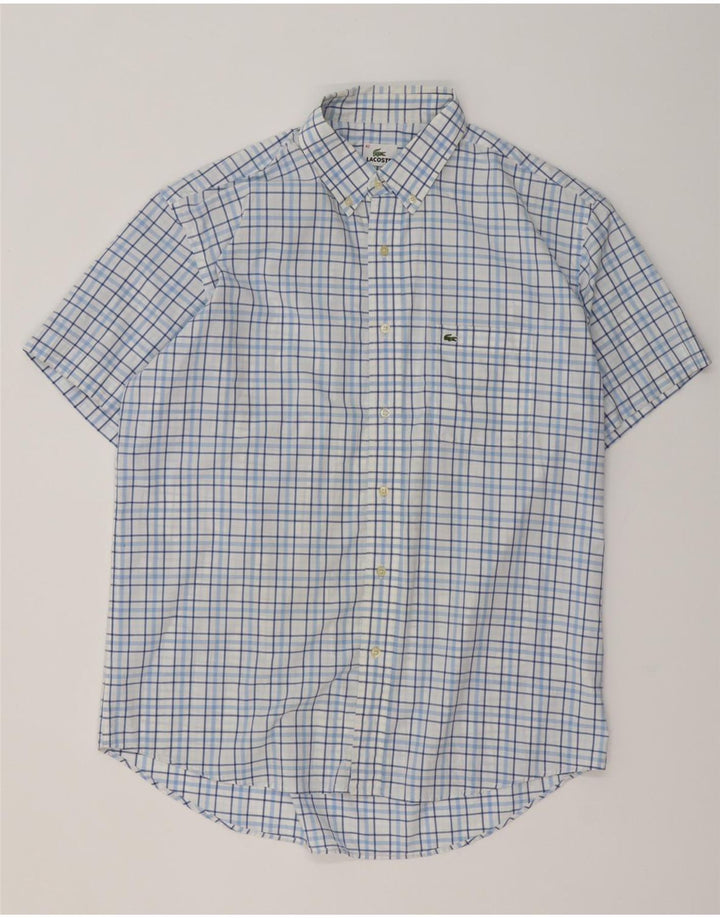 Lacoste Camisa masculina de manga curta tamanho 42 grande algodão xadrez azul