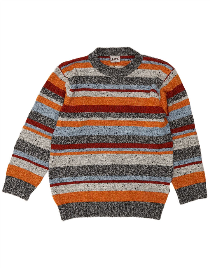 Suéter vintage masculino com gola redonda, grande lã listrada multicolorida
