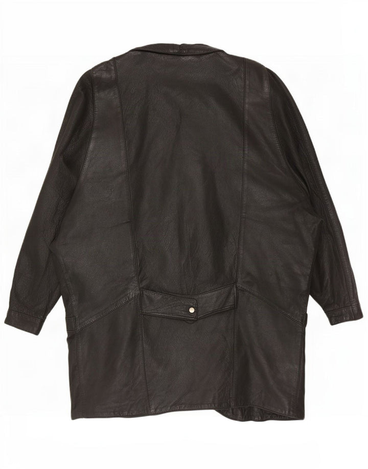 Casaco de couro grande vintage feminino UK 12 médio preto