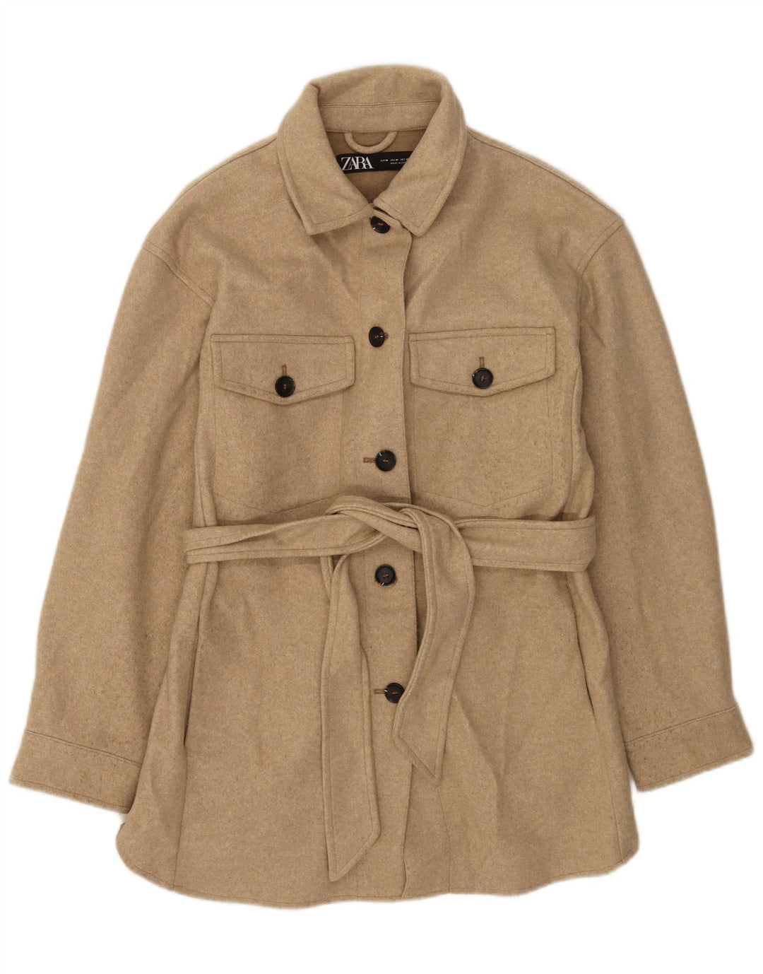 Sobretudo feminino Zara UK 14 poliéster manchado bege médio