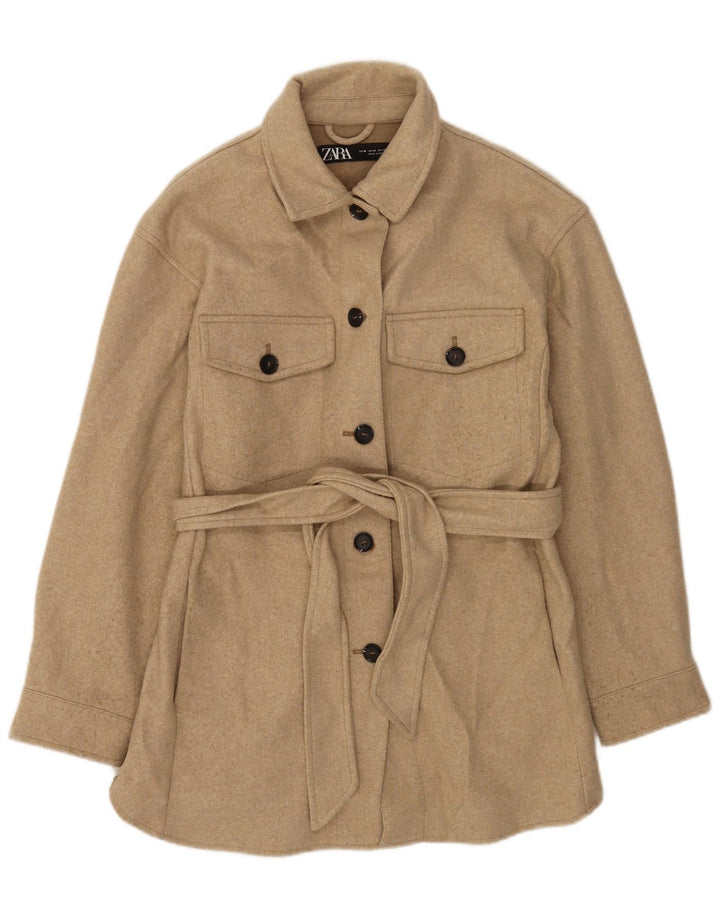 Sobretudo feminino Zara UK 14 poliéster manchado bege médio
