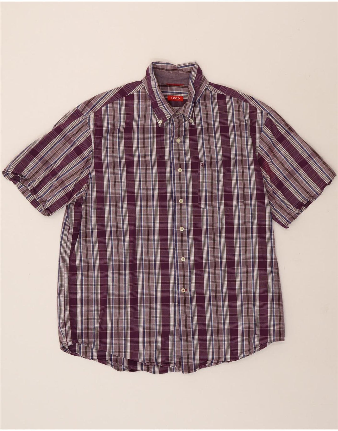 IZOD Mens Short Sleeve Shirt Large Purple Check Cotton Vintage Izod and Second-Hand Izod from Messina Hembry 