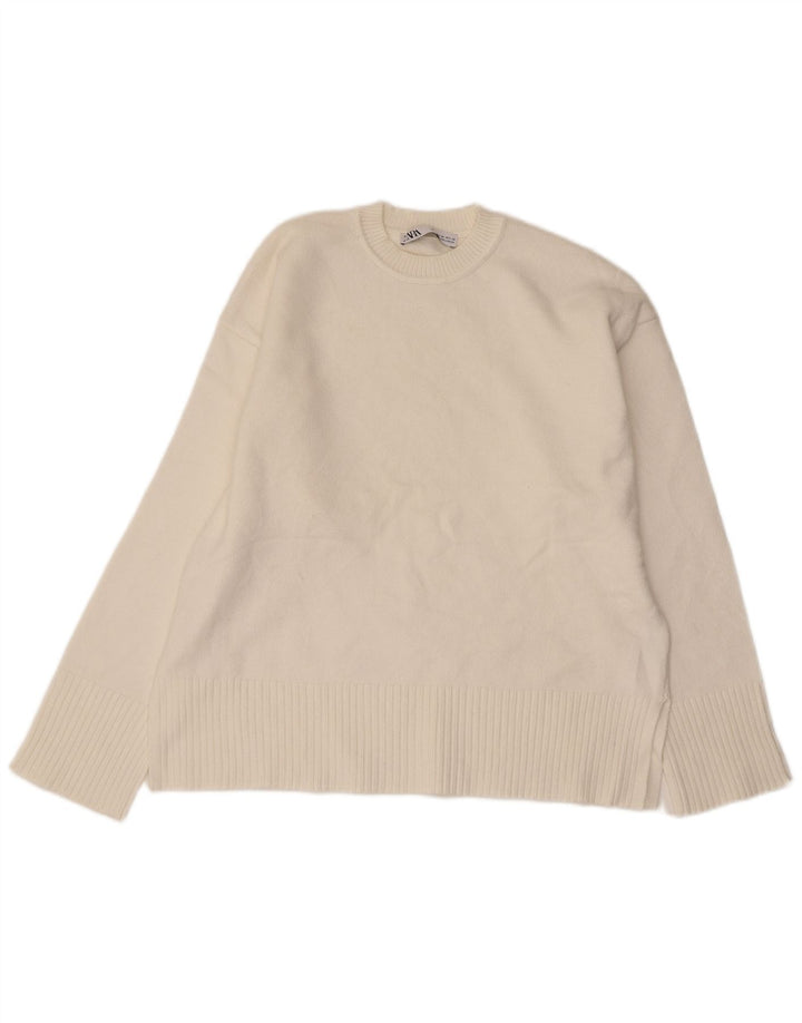 Suéter feminino ZARA com gola redonda e viscose branca média UK 14