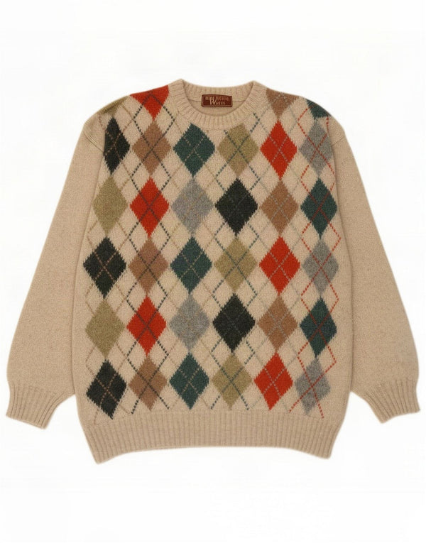 Vintage Mens Crew Neck Jumper Sweater Large Beige Argyle/Diamond Lambswool