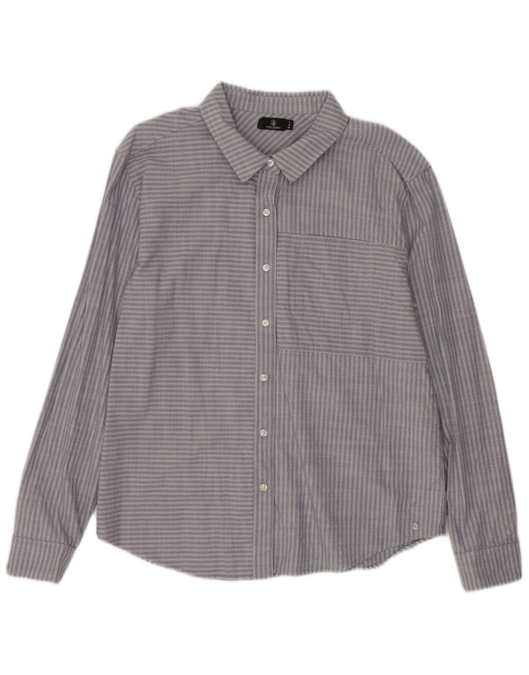 Camisa feminina Volcom UK 14 grande algodão listrado azul