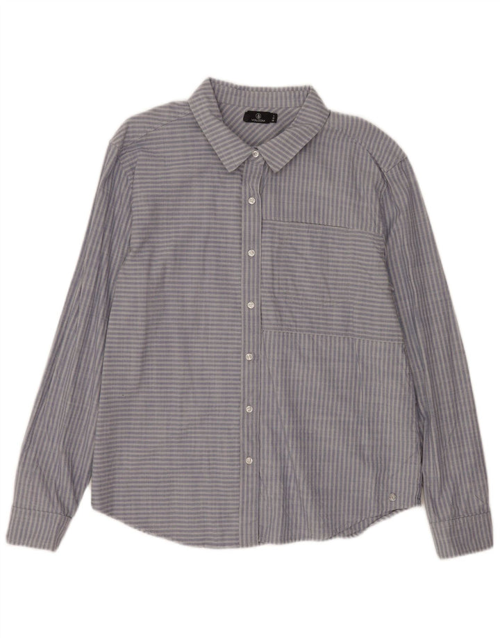 Camisa feminina Volcom UK 14 grande algodão listrado azul