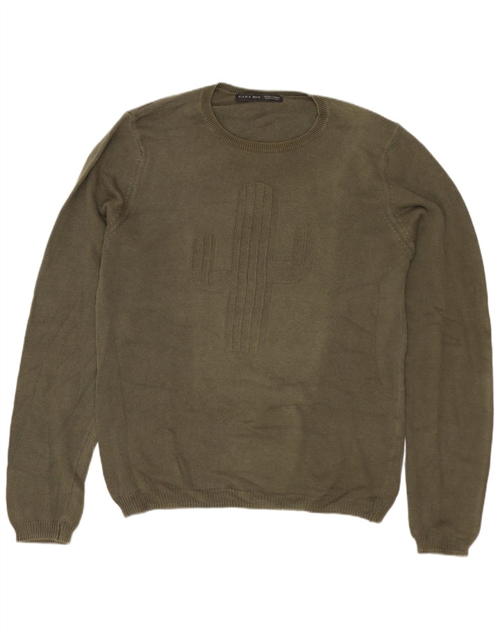 Suéter masculino ZARA com gola redonda e algodão cáqui médio