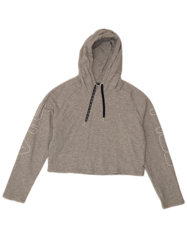 Suéter feminino Fila Crop Graphic com capuz UK 6 XS algodão manchado cinza