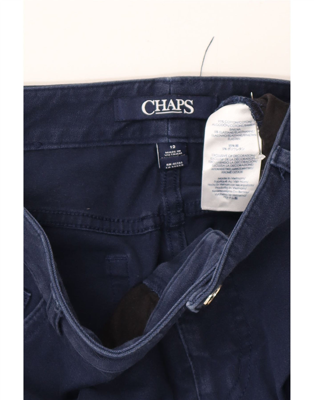 Calça jeans reta feminina Chaps US 12 grande W32 L28 algodão azul marinho