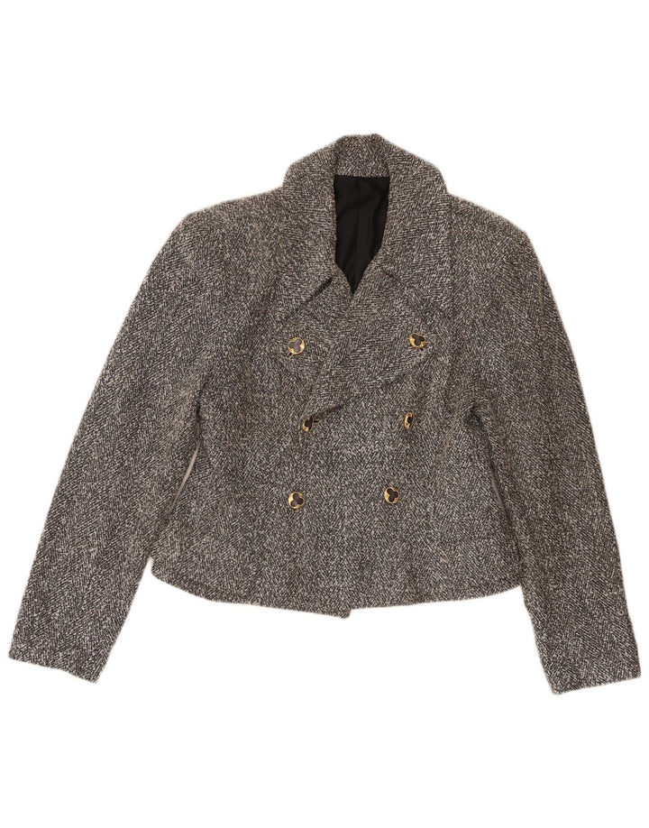 Jaqueta blazer feminina vintage com peito duplo Reino Unido 8 pequena cinza manchada
