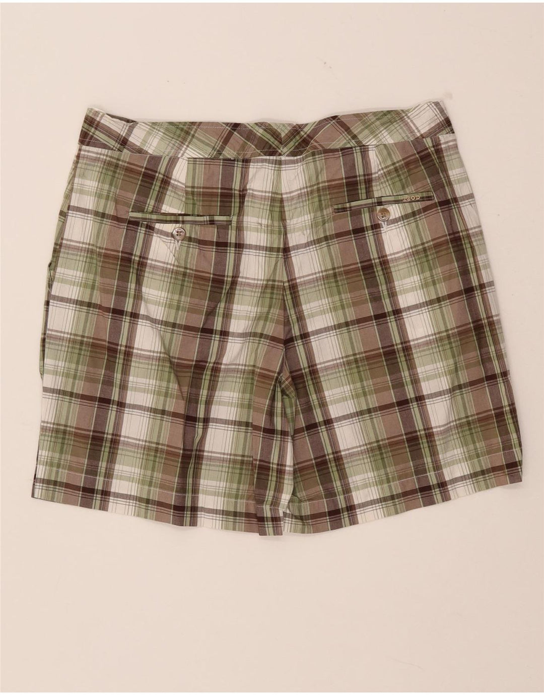 Shorts Chino feminino IZOD EUA 8 médio W32 algodão xadrez cáqui