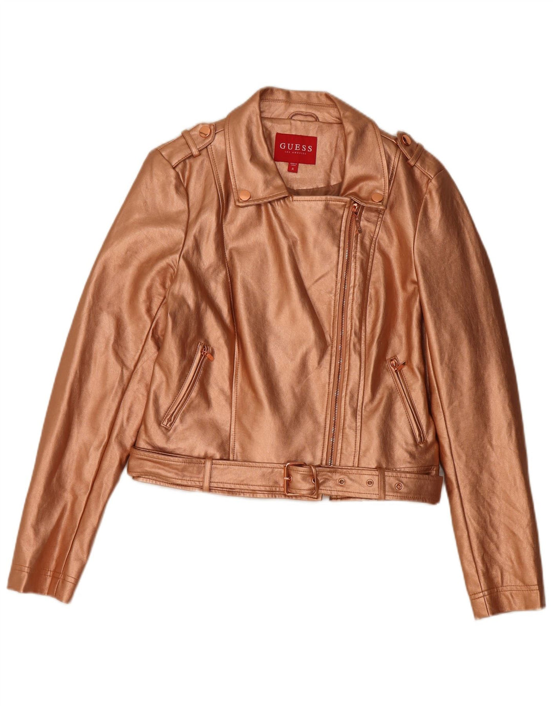Jaqueta feminina de couro sintético GUESS para motociclista UK 12 poliuretano dourado médio