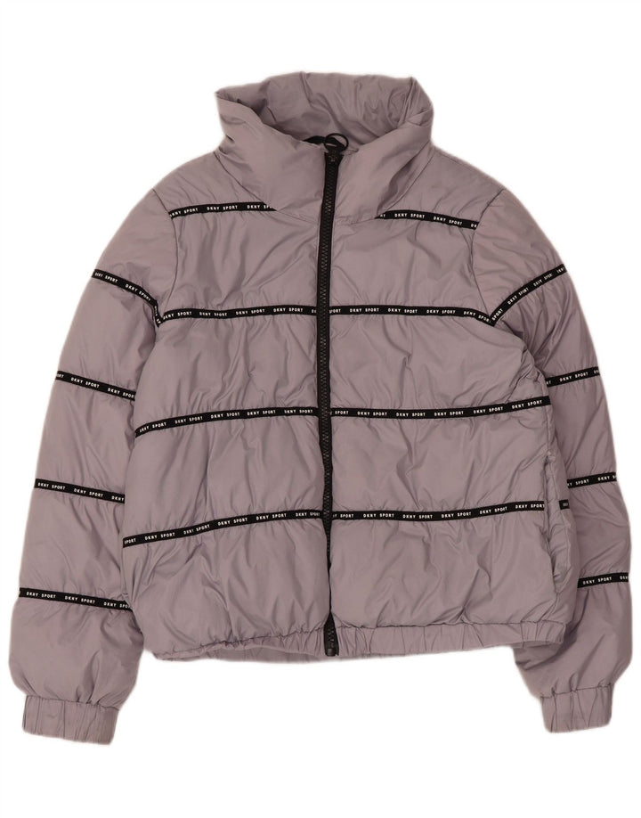 Jaqueta feminina acolchoada com capuz gráfico Dkny UK 12 poliéster cinza médio
