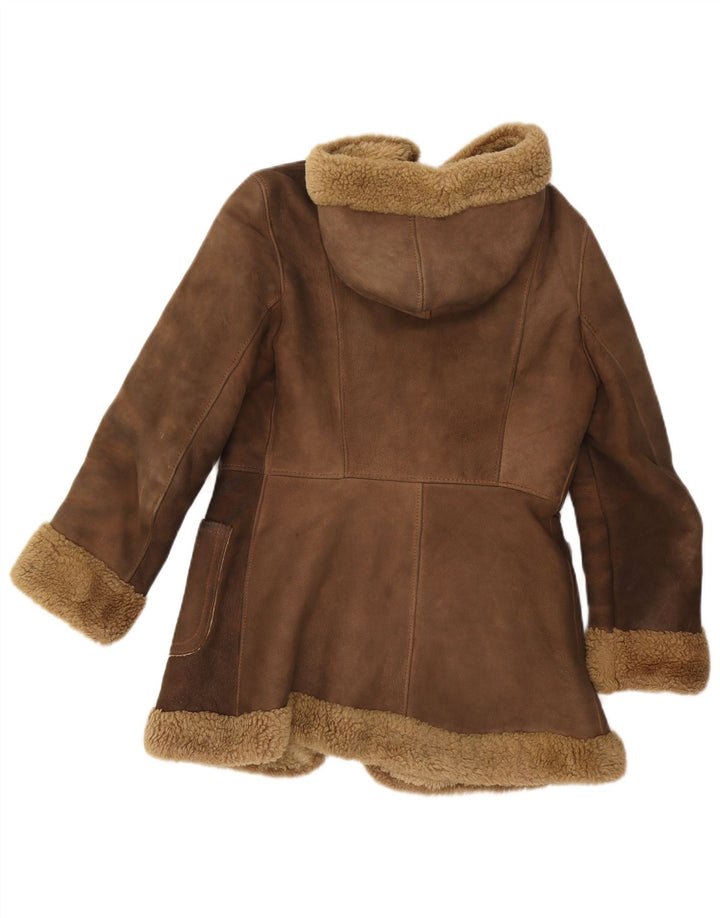 Jaqueta feminina vintage com capuz Shearling Reino Unido 10 couro marrom pequeno