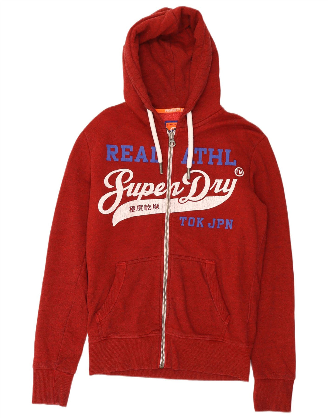 Suéter masculino Superdry com capuz e zíper gráfico pequeno algodão manchado vermelho