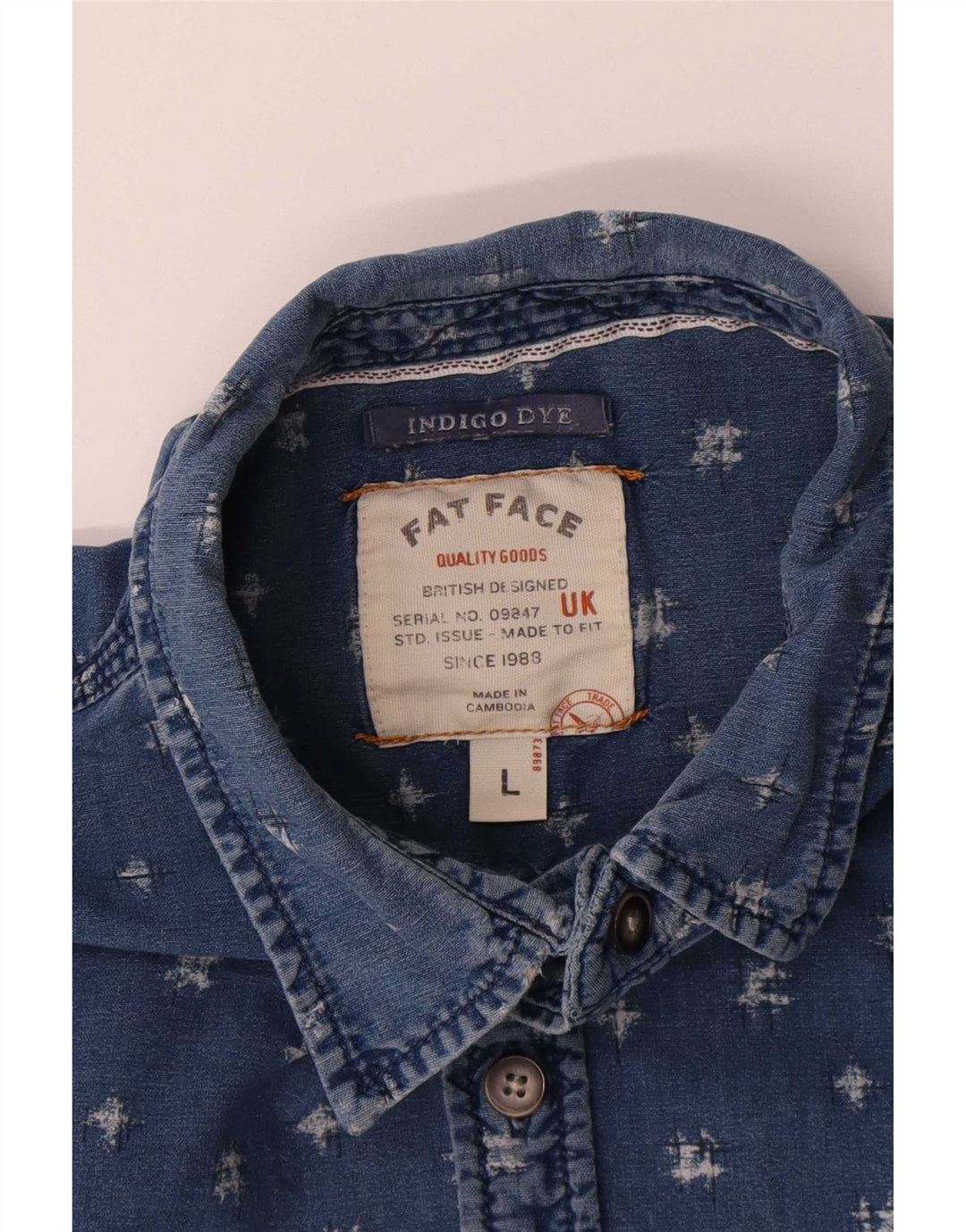 Fat Face Masculino Indigo Dye Abstrato Padrão Camisa Grande Algodão Azul