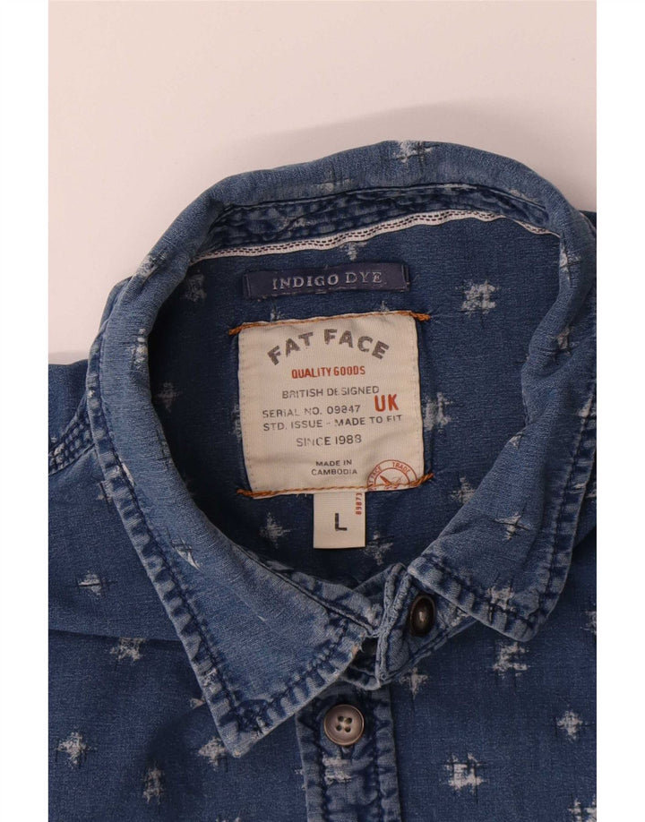 Fat Face Masculino Indigo Dye Abstrato Padrão Camisa Grande Algodão Azul