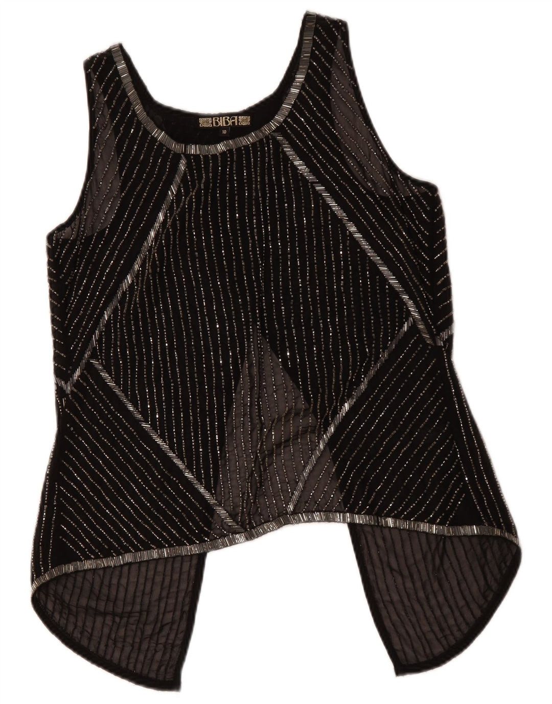 BIBA feminino sem mangas transparente top UK 10 pequeno poliéster listrado preto