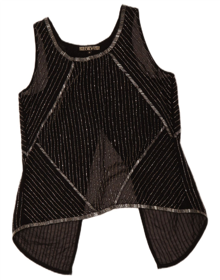BIBA feminino sem mangas transparente top UK 10 pequeno poliéster listrado preto